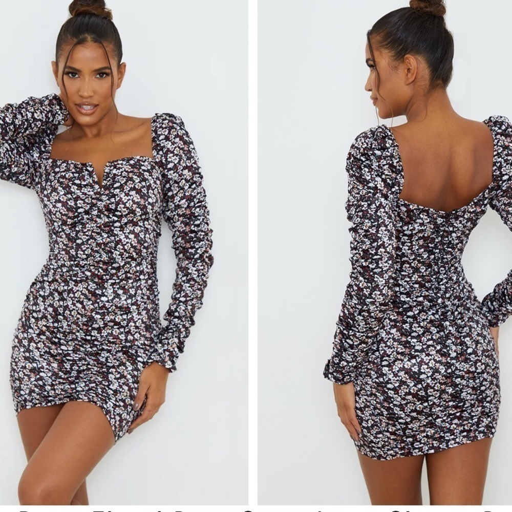 Pretty Little Thing | NWT Ditsy Floral Long Sleeve Ruched V Neck Dress Size 6